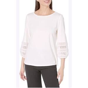 J. Jill Women Ivory Cotton Blend Eyelet Lace Sleeves Blouse Size L